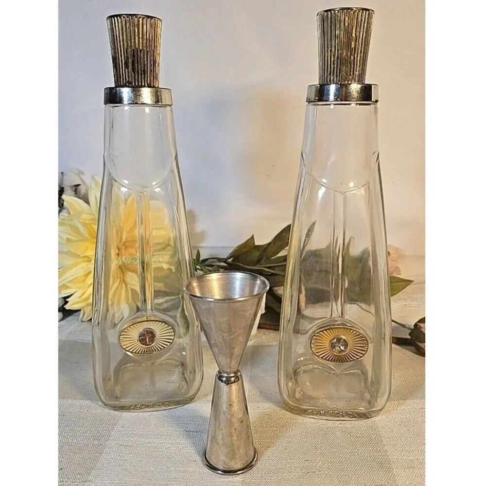 RARE 1956 Seagrams Glass Bar Decanter Bottle MCM Gold Starburst x2 Set